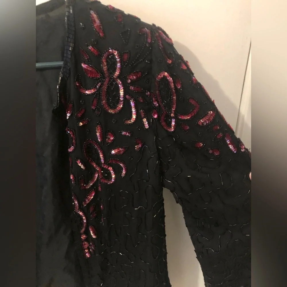 Vintage Black Beaded Open-Front Jacket with Pink Sequin Accents 80s retro glam L - Picture 2 of 16